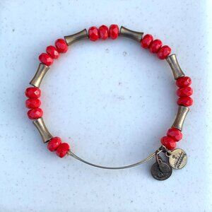 Alex and Ani Beaded Wrap Bangle – Red Faceted Beads & Antique Gold Tube Beads